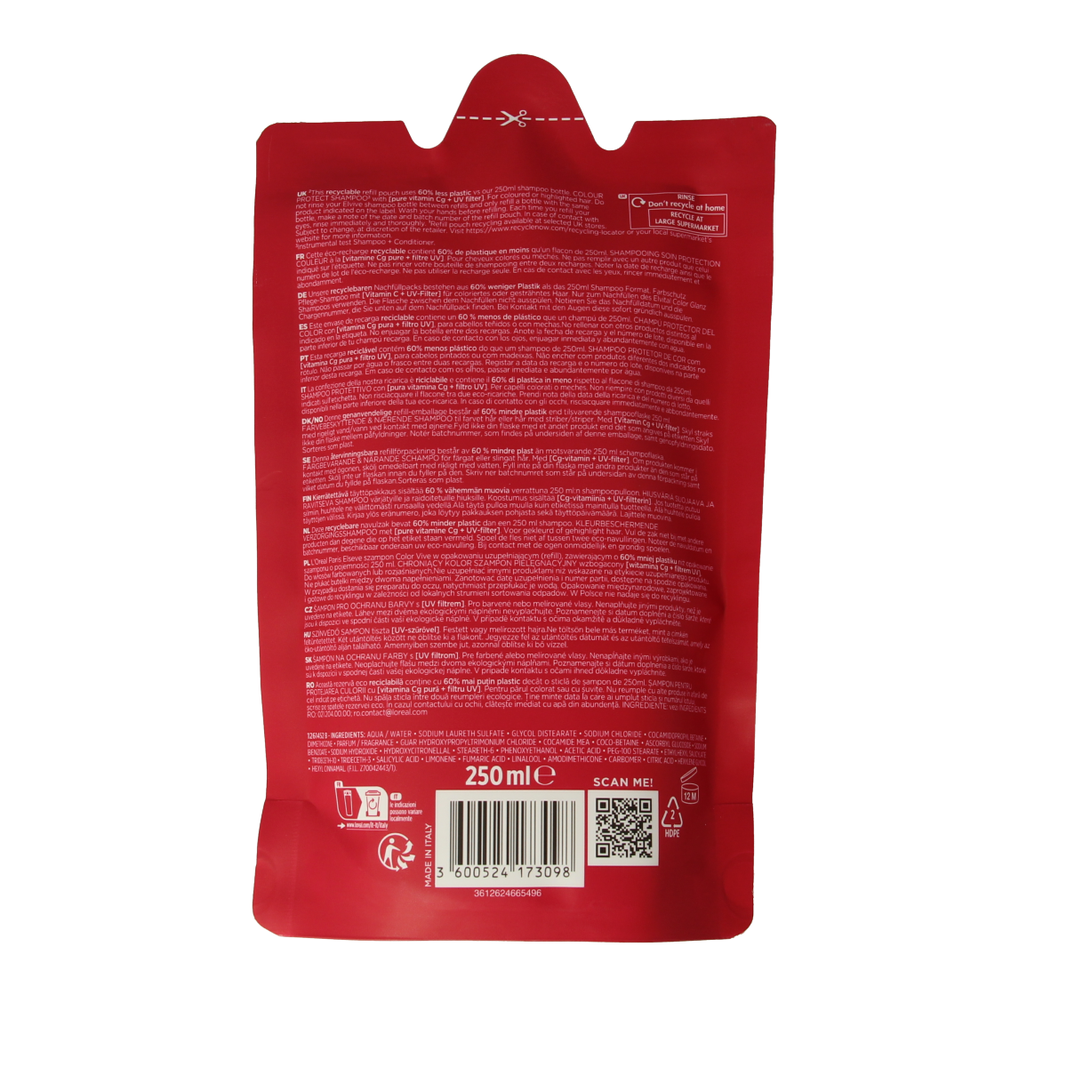 Elvive Color Vive shampoo refill bottle, 250ml, for hair color protection and vibrant hair care.