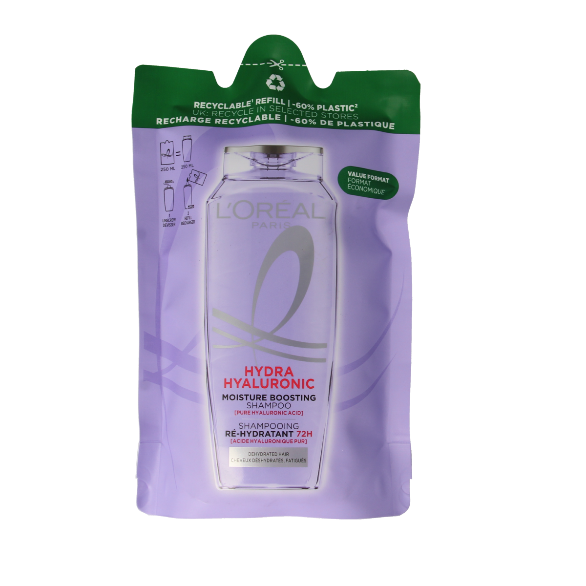 Elvive Hydra Hyaluronic Shampoo bottle, 250ml, for hydrating hair care, with a sleek design and clear label.
