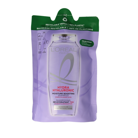 Elvive Hydra Hyaluronic Shampoo bottle, 250ml, for hydrating hair care, with a sleek design and clear label.