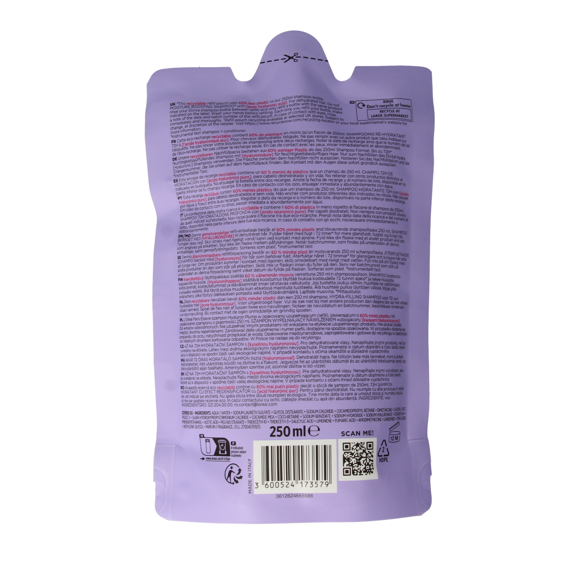Elvive Hydra Hyaluronic shampoo bottle for hair care, 250ml, with a sleek design and label showing the product name.