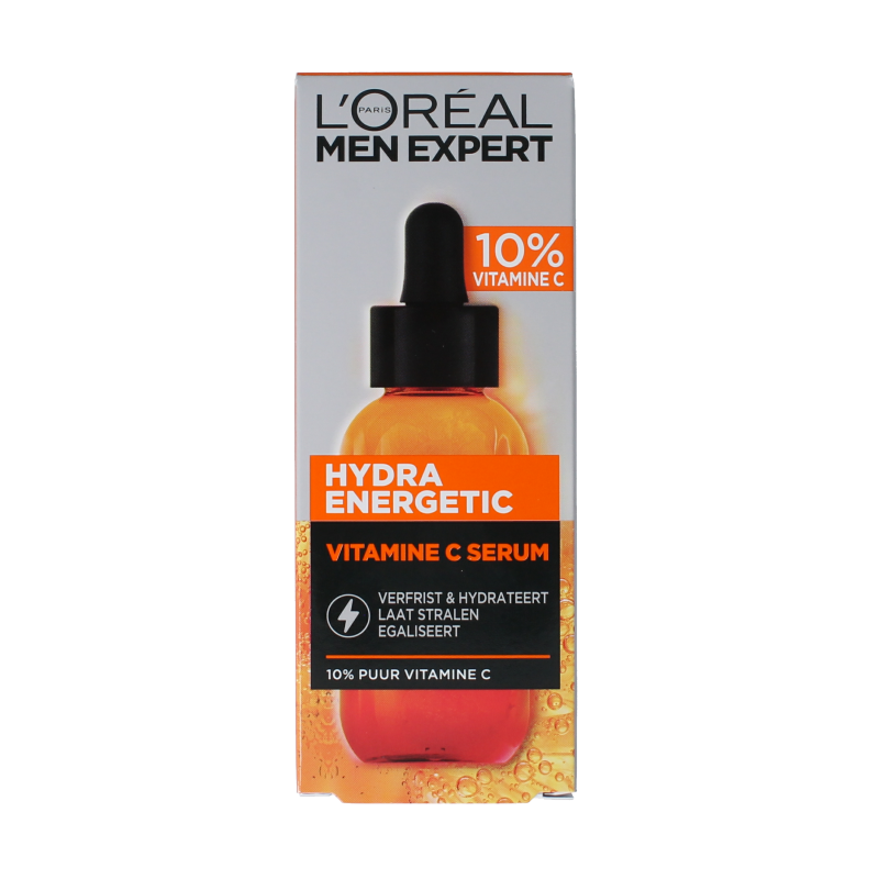 L'Oreal Paris Men Expert Hydra Energetic Serum with Vitamin C in 30ml for facial skincare, visible bottle with orange accents.