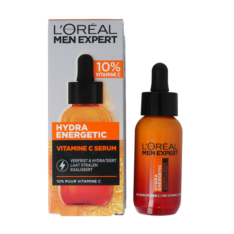 L'Oreal Paris Men Expert Hydra Energetic Vitamin C serum in a 30ml bottle for facial skincare.