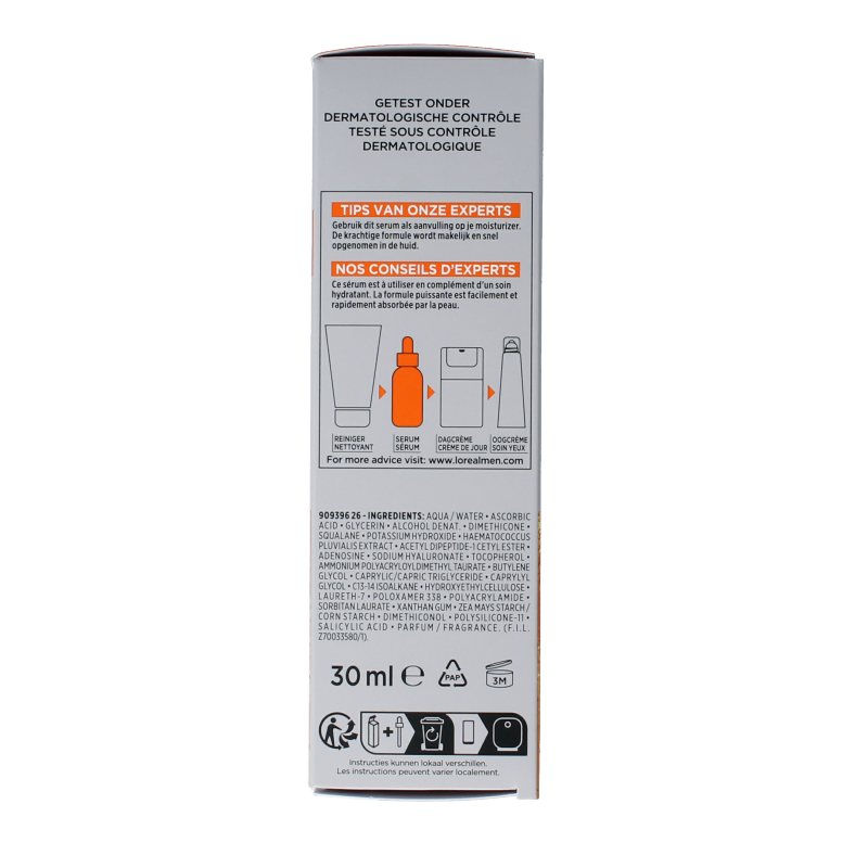 L'Oreal Paris Men Expert Hydra Energetic Serum with Vitamin C, 30ml, for facial skincare and revitalization.