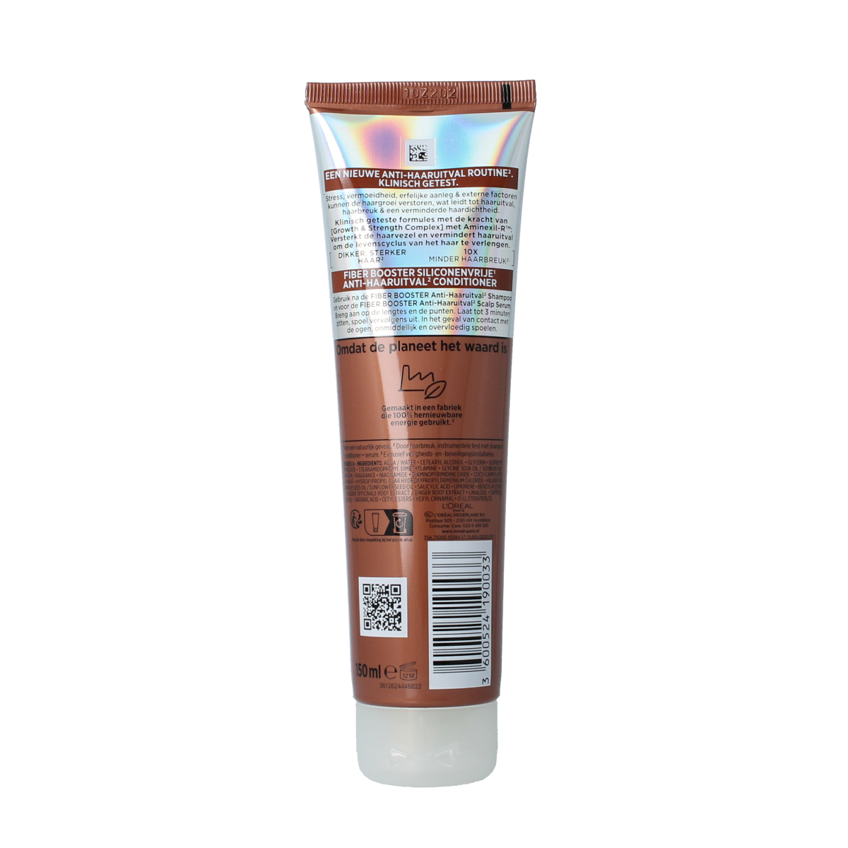 Elvive fiber booster conditioner for hair, 150ml bottle, with creamy texture and hair care branding on the packaging.