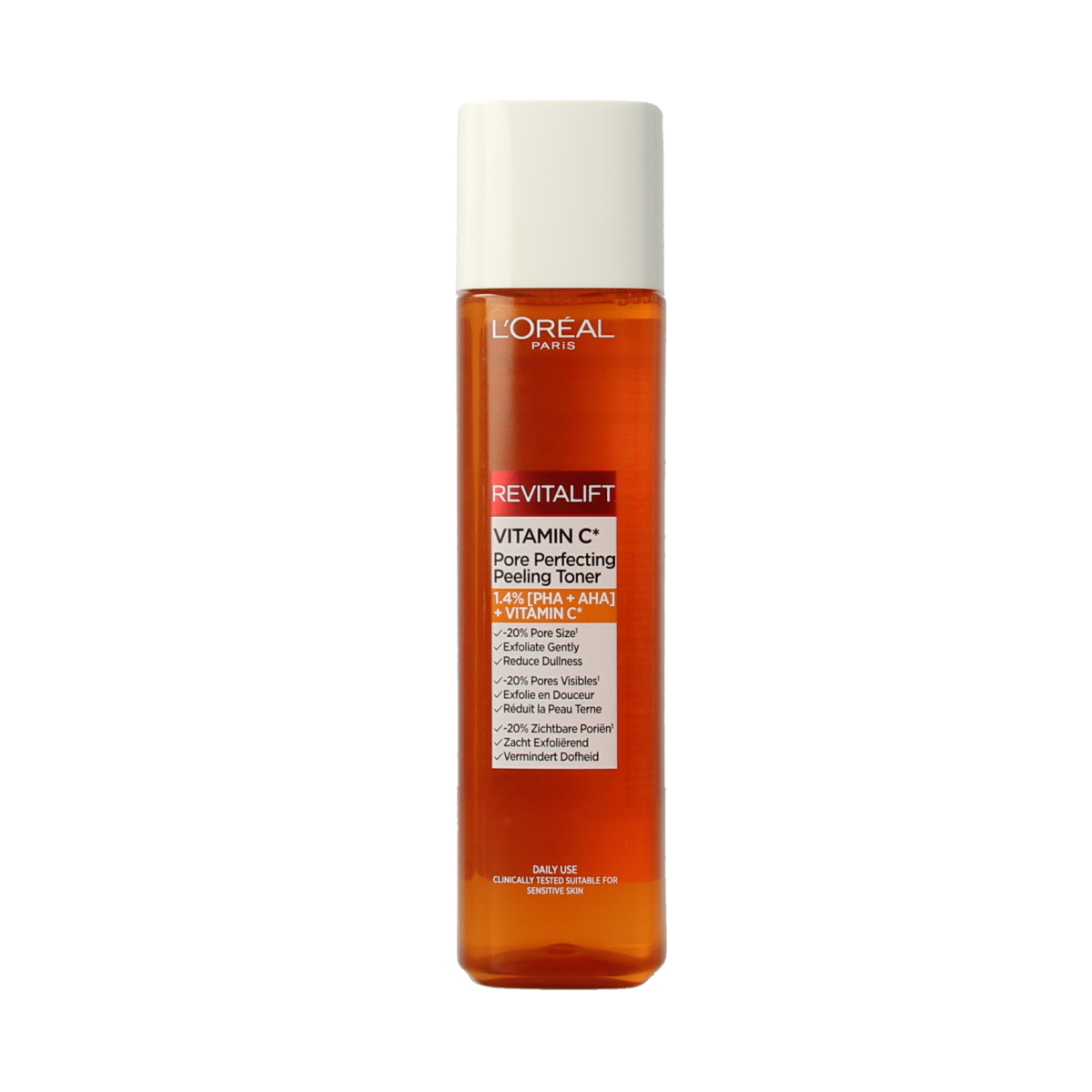L'Oréal Paris Revitalift Vitamin C pore perfecting toner bottle, 180ml, for facial skincare and brightening.