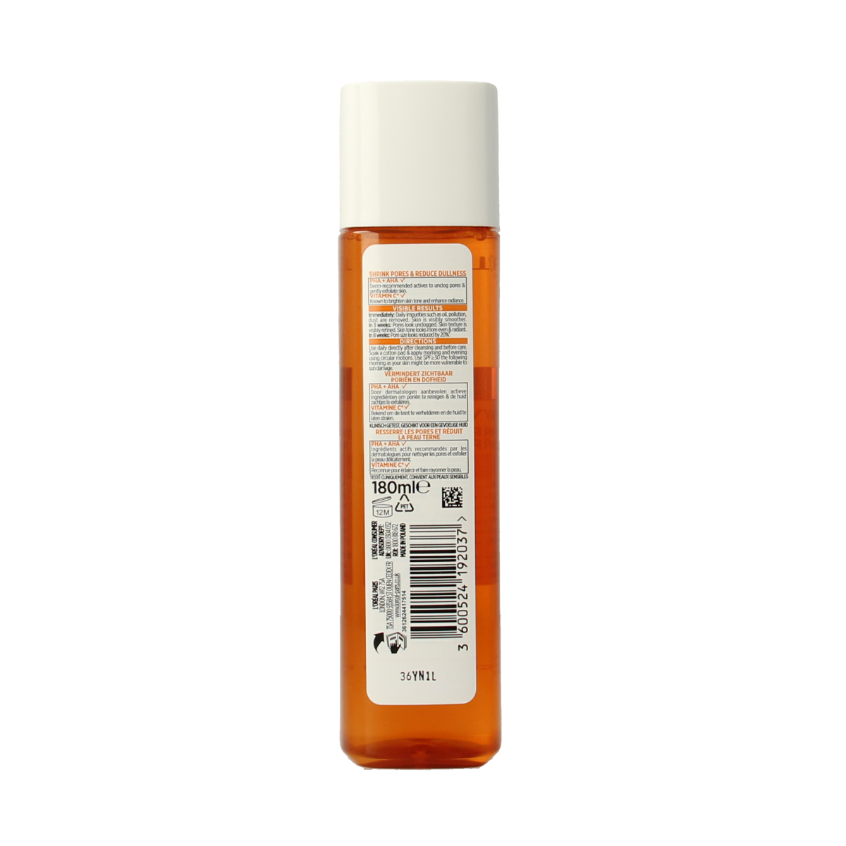 L'Oréal Paris Revitalift Vitamin C pore perfecting toner bottle, 180ml, with clear liquid and pump dispenser for facial skincare.