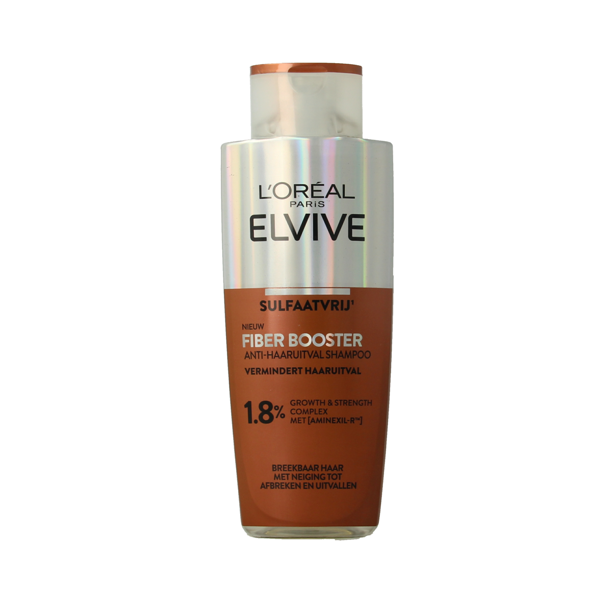 Elvive fiber booster shampoo bottle, 200ml, for hair strengthening and volumizing, with a sleek blue and white design.