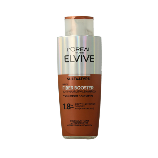 Elvive fiber booster shampoo bottle, 200ml, for hair strengthening and volumizing, with a sleek blue and white design.