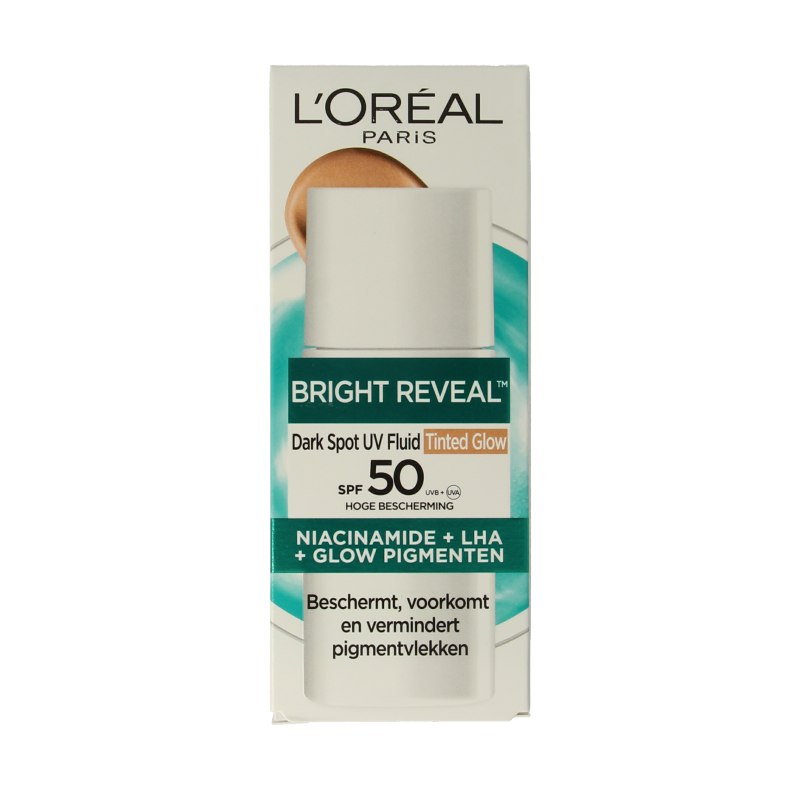 L'Oréal Paris Bright Reveal tinted fluid for facial skincare, medium shade, 50ml bottle, smooth and illuminating complexion.