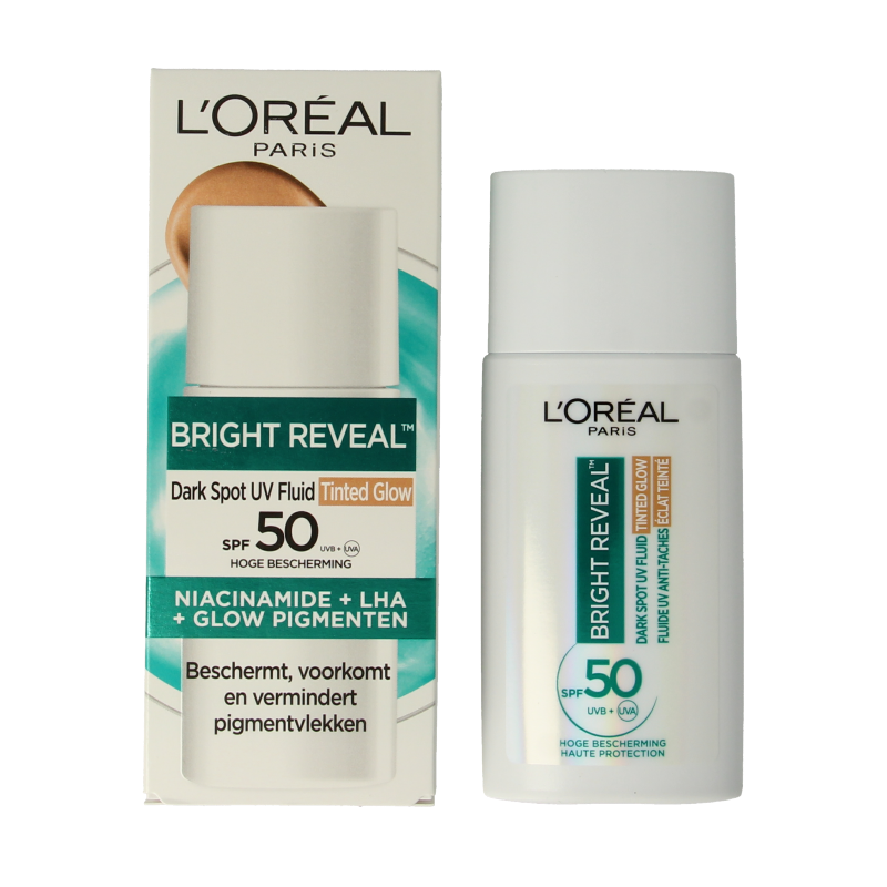 L'Oréal Paris Bright Reveal tinted fluid in medium shade, 50ml, a facial skincare product with a sleek tube and a creamy texture.
