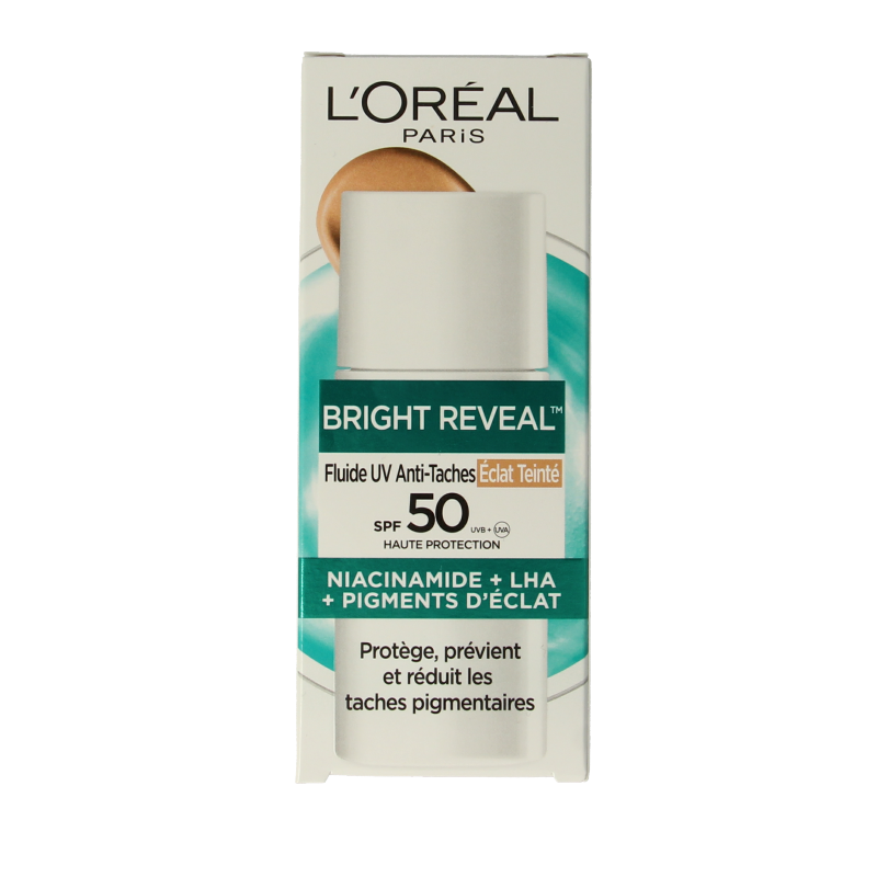 L'Oréal Paris Bright Reveal tinted fluid in medium shade, 50ml, a facial skincare product with a smooth, lightweight texture.