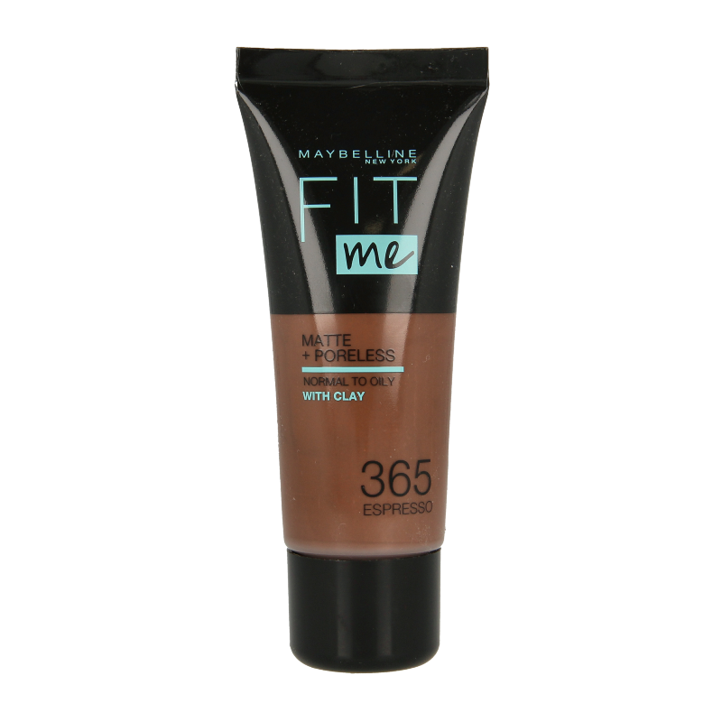 Maybelline Fit Me matte and poreless foundation in shade 365 Espresso, close-up of the makeup bottle with product label visible.
