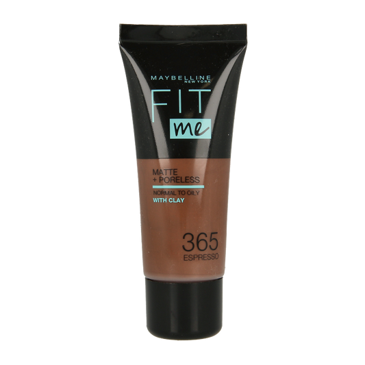 Maybelline Fit Me matte and poreless foundation in shade 365 Espresso, close-up of the makeup bottle with product label visible.
