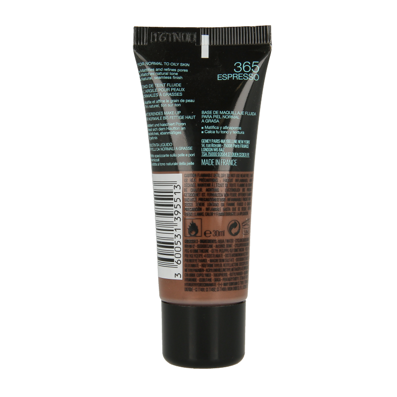 Maybelline Fit Me matte and poreless foundation in shade 365 Espresso, a makeup product with a smooth, natural finish.