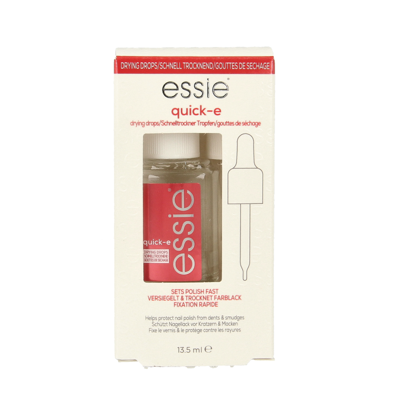 Essie quick drying drops in 13.5ml bottle, make-up product for fast nail polish drying, with a clear dropper cap.