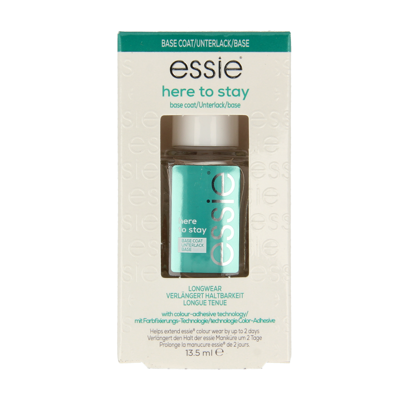 Essie Base Coat to Stay in 13.5ml bottle, clear nail polish for base layer, with brush applicator visible in the image.