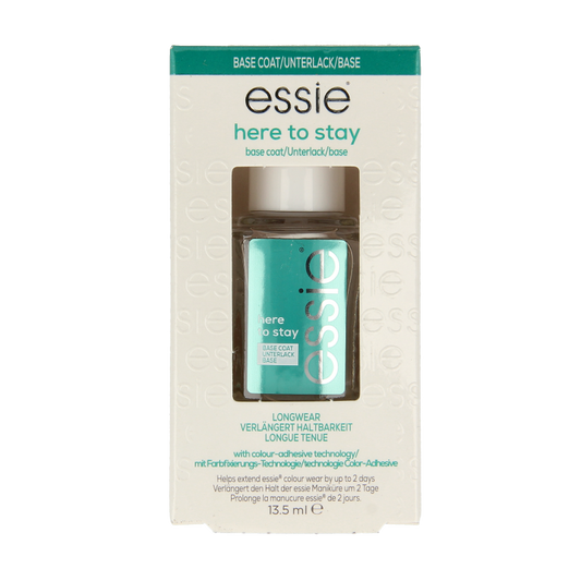 Essie Base Coat to Stay in 13.5ml bottle, clear nail polish for base layer, with brush applicator visible in the image.