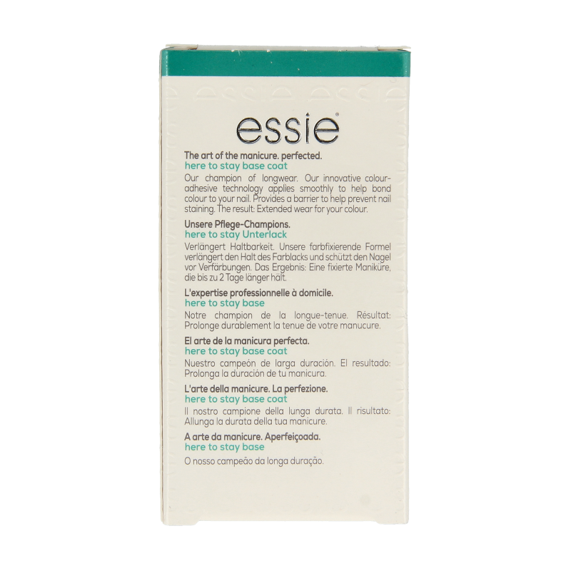 Essie Base Coat to Stay 13.5ml bottle, clear nail polish primer for long-lasting manicures, with smooth, glossy finish.