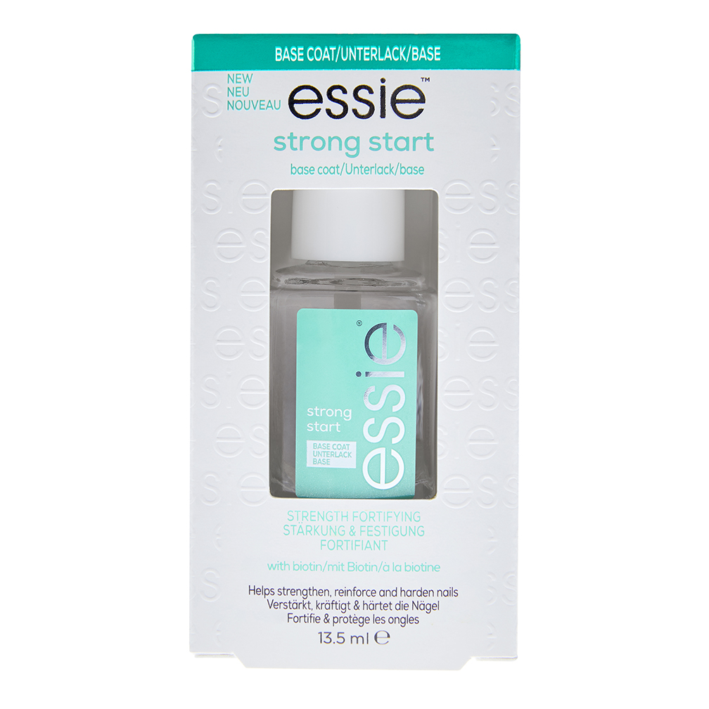Essie base coat for nails, strong formula, 13.5ml bottle, close-up view of the make-up product with branding visible.