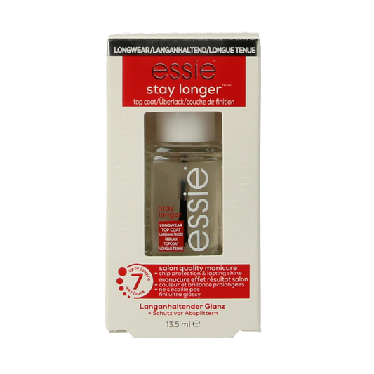 Essie Care Top Coat Stay Longer 13.5ml bottle, clear nail polish for long-lasting manicures, with smooth, glossy finish.