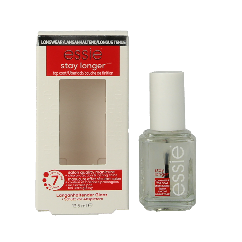 Essie Care top coat bottle, 13.5ml, for longer-lasting nail polish protection and shine, shown in close-up.