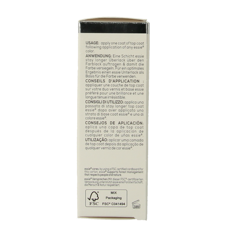 Essie Care Top Coat Stay Longer, 13.5ml, clear nail polish top coat for long-lasting manicures, shown in a transparent bottle
