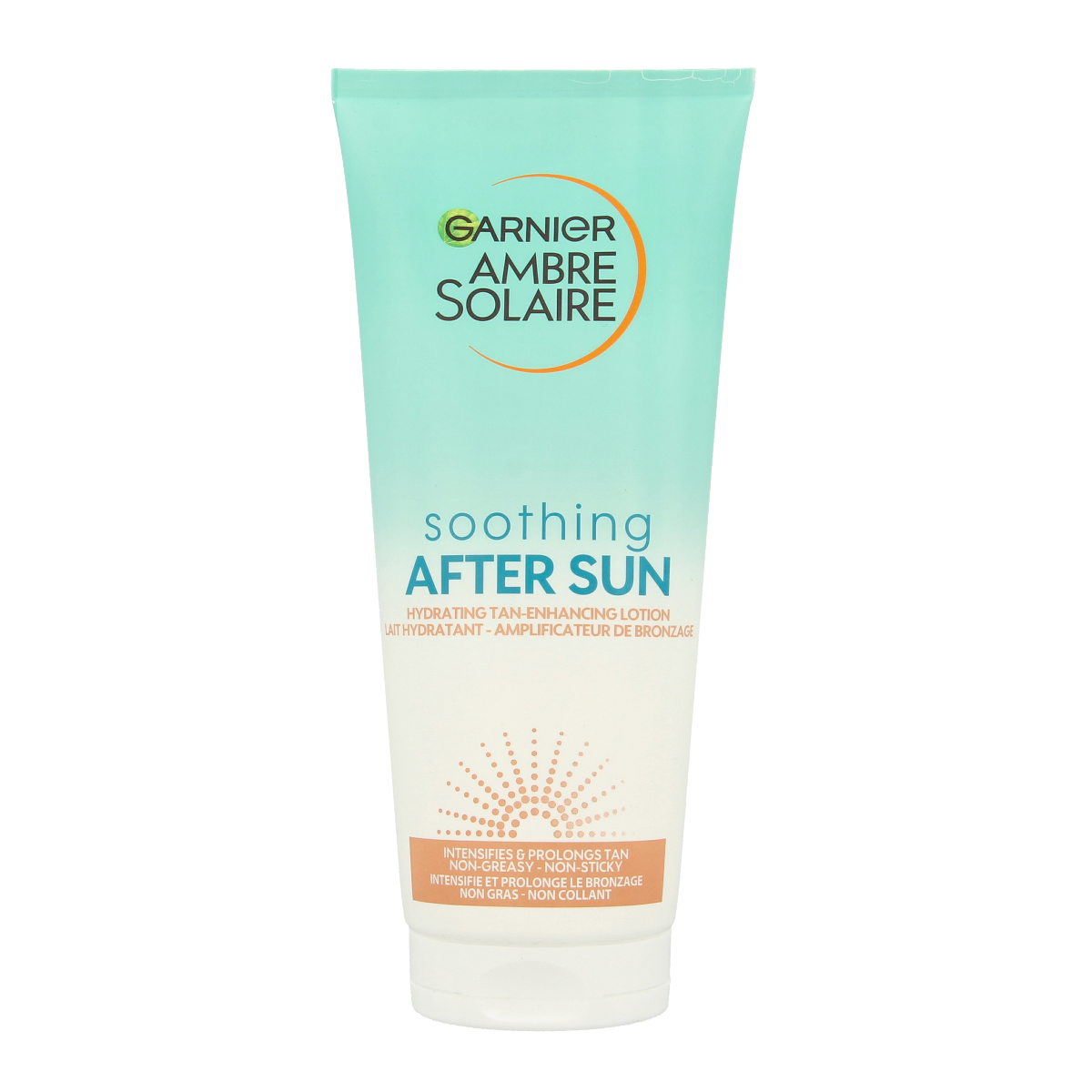 Ambre Solaire Aftersun zelfbruiner lotion in 200ml bottle, sun care product for a natural tan and skin cooling.