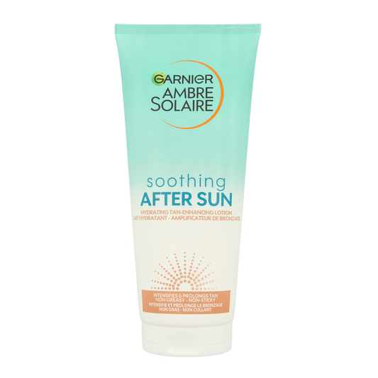 Ambre Solaire Aftersun zelfbruiner lotion in 200ml bottle, sun care product for a natural tan and skin cooling.