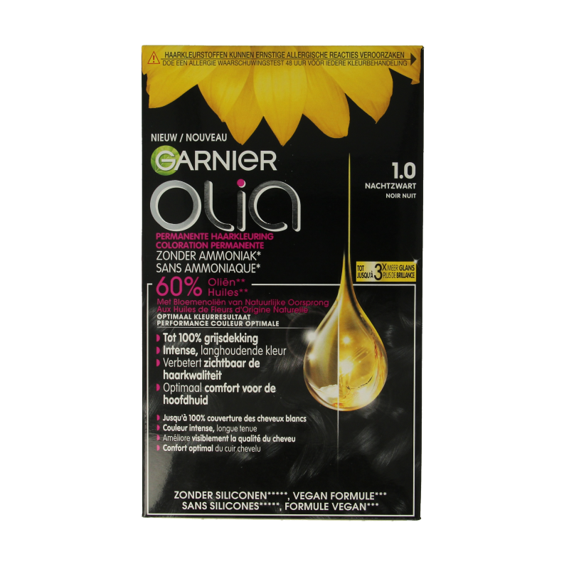 Garnier Olia 1.0 night black hair dye set with applicator and bottle, for permanent black hair coloring.