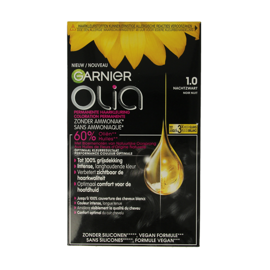 Garnier Olia 1.0 night black hair dye set with applicator and bottle, for permanent black hair coloring.