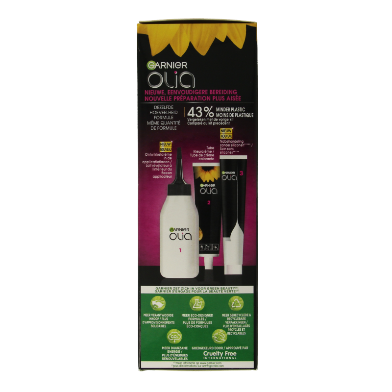 Garnier Olia 1.0 night black hair dye kit with applicator bottle and gloves for easy at-home hair coloring.