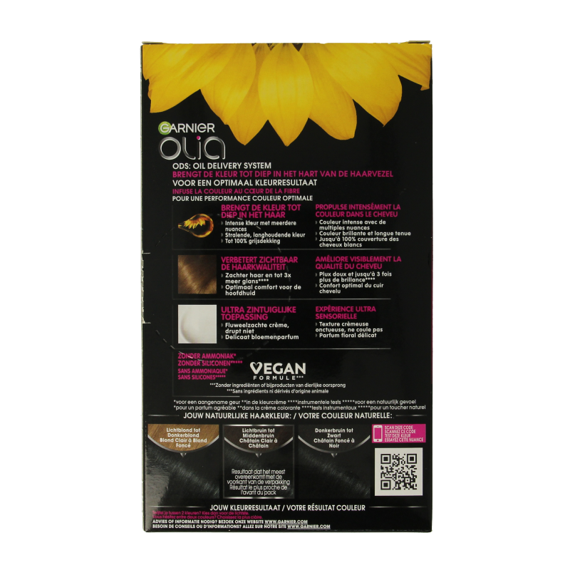 Garnier Olia 1.0 night black hair coloring kit with applicator bottle and gloves for at-home hair dyeing.