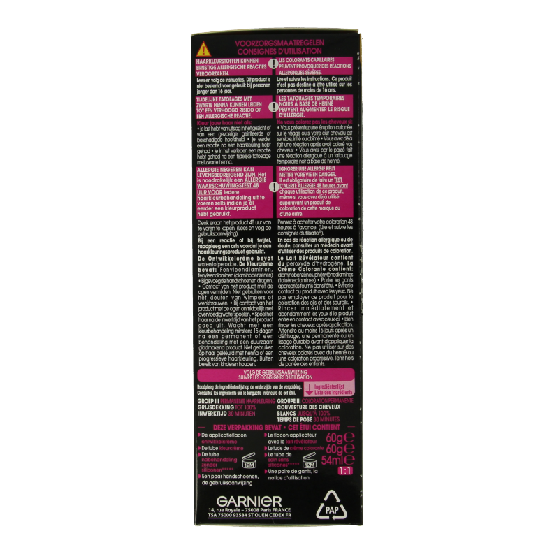 Garnier Olia 1.0 night black hair dye kit with applicator and gloves for at-home hair coloring.