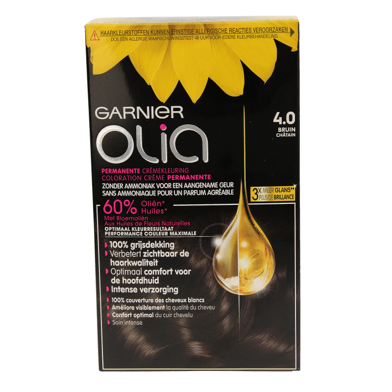 Garnier Olia 4.0 brown hair dye set with applicator and gloves for at-home hair coloring.