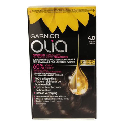 Garnier Olia 4.0 brown hair dye set with applicator and gloves for at-home hair coloring.