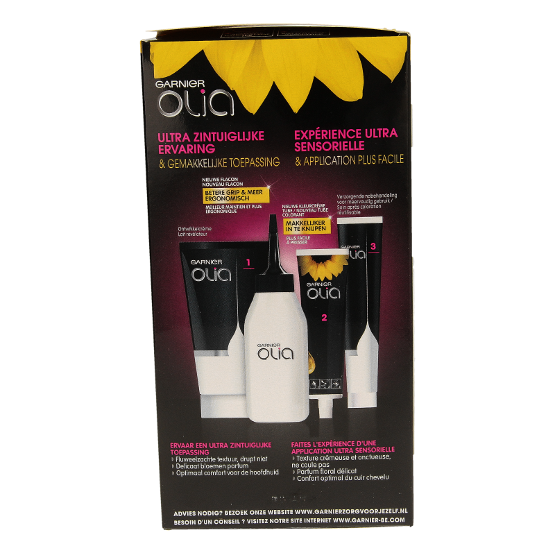 Garnier Olia 4.0 brown hair coloring kit with bottle and gloves for at-home hair dye application