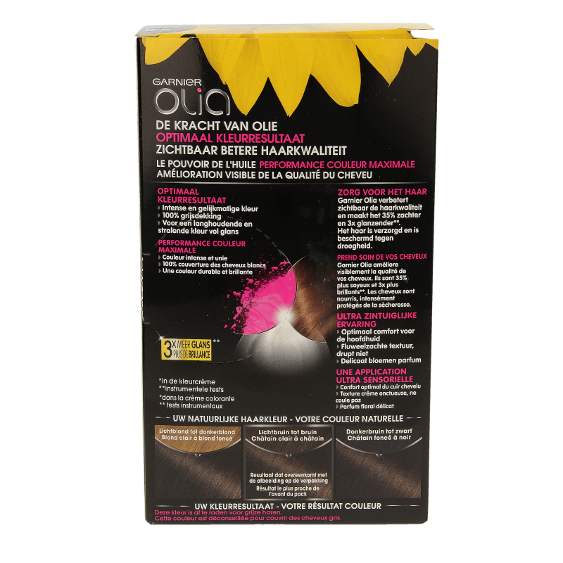 Garnier Olia 4.0 brown hair dye set showing the box and hair color application guide