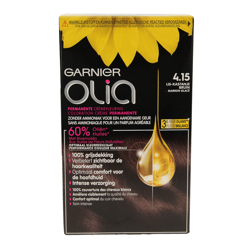Garnier Olia 4.15 kastanjebruine haarkleuring in set, showcasing the box with hair color and brand logo.
