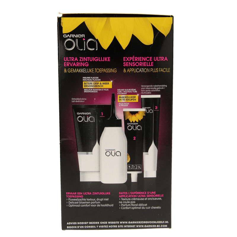 Garnier Olia 4.15 kastanje bruin hair dye box showing the packaging for lasting, natural-looking brown hair color.
