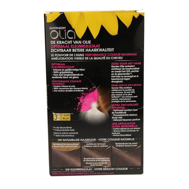 Garnier Olia 4.15 ijs kastanje bruin hair coloring kit with hair dye and applicator for rich, natural brown color.