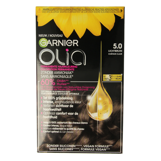 Garnier Olia 5.0 light brown hair dye set with bottles and applicator for at-home hair coloring