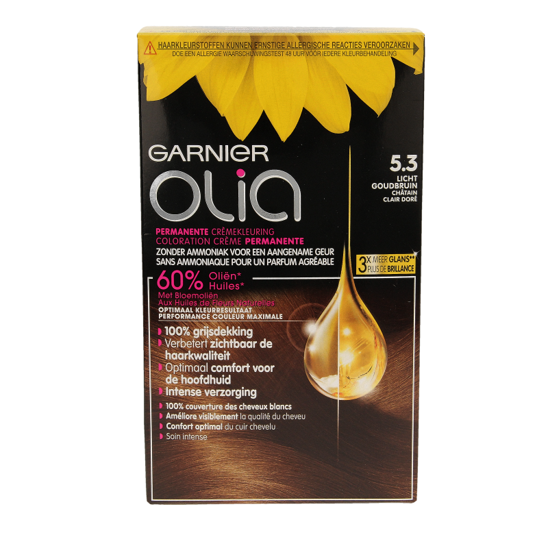 Garnier Olia 5.3 golden brown hair coloring kit with applicator and gloves for at-home hair dye application.