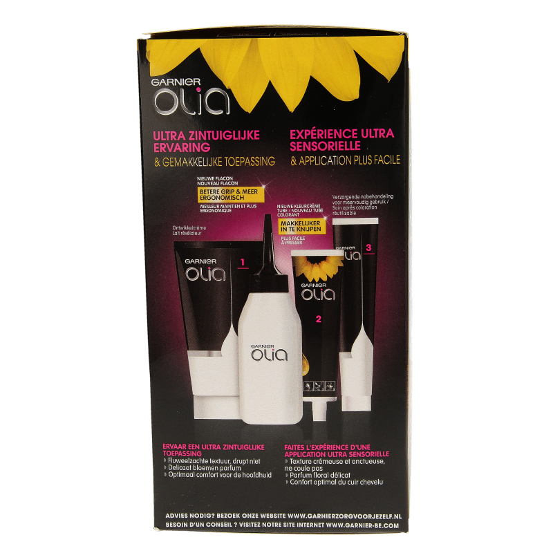 Garnier Olia 5.3 golden brown hair dye kit showing the box and application instructions.