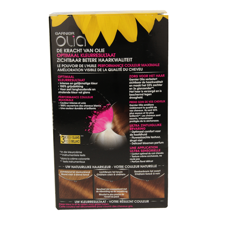 Garnier Olia 5.3 golden brown hair dye kit with applicator and gloves for easy at-home coloring.