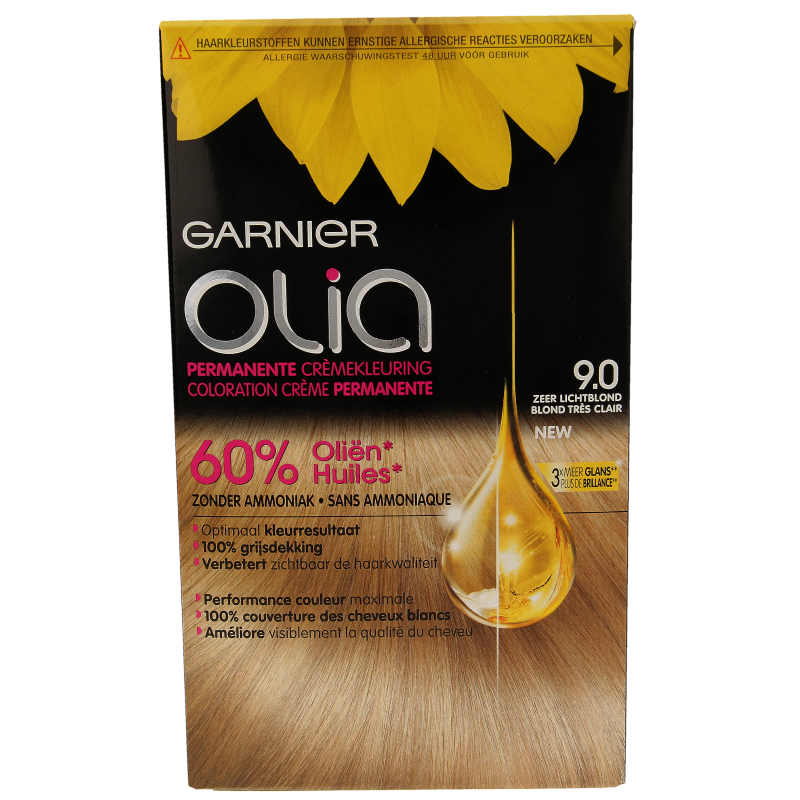 Garnier Olia 9.0 light blond hair coloring kit with applicator and gloves for at-home hair dye application.