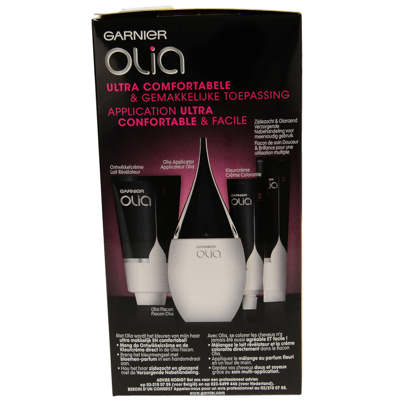 Garnier Olia 9.0 light blond hair coloring kit with applicator and gloves for easy at-home hair dyeing.