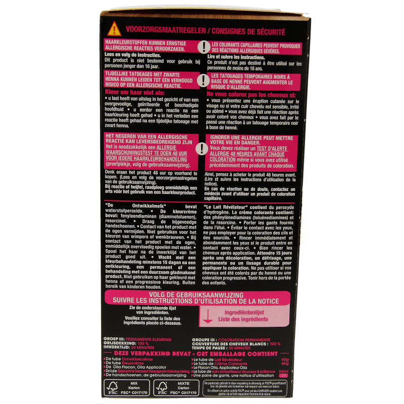 Garnier Olia 9.0 light blond hair dye kit showing the boxed product with application instructions and color swatch.
