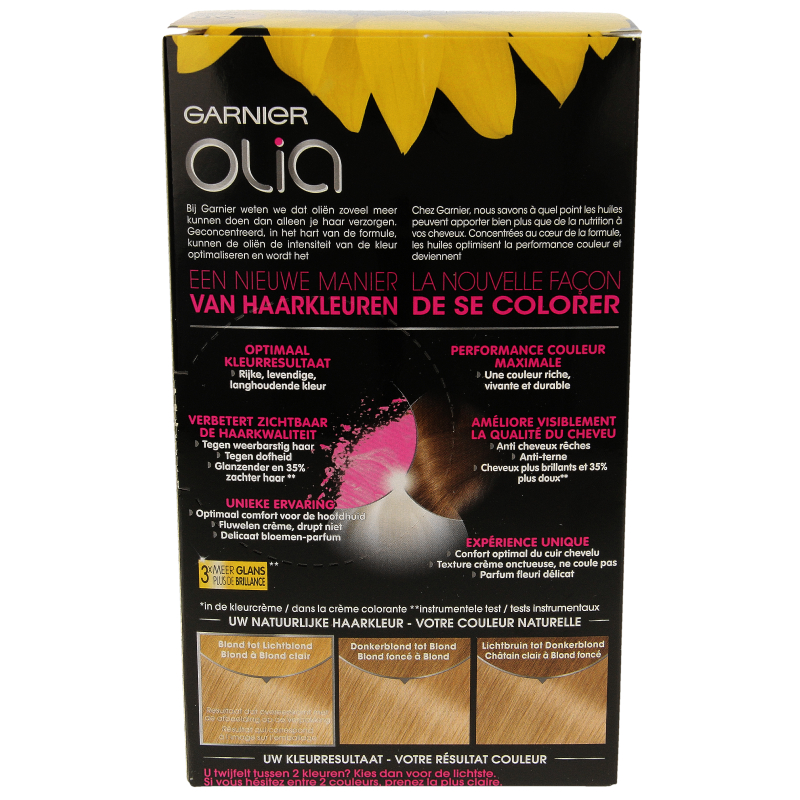 Garnier Olia light blond 9.0 hair coloring set with box showing the product and color information.