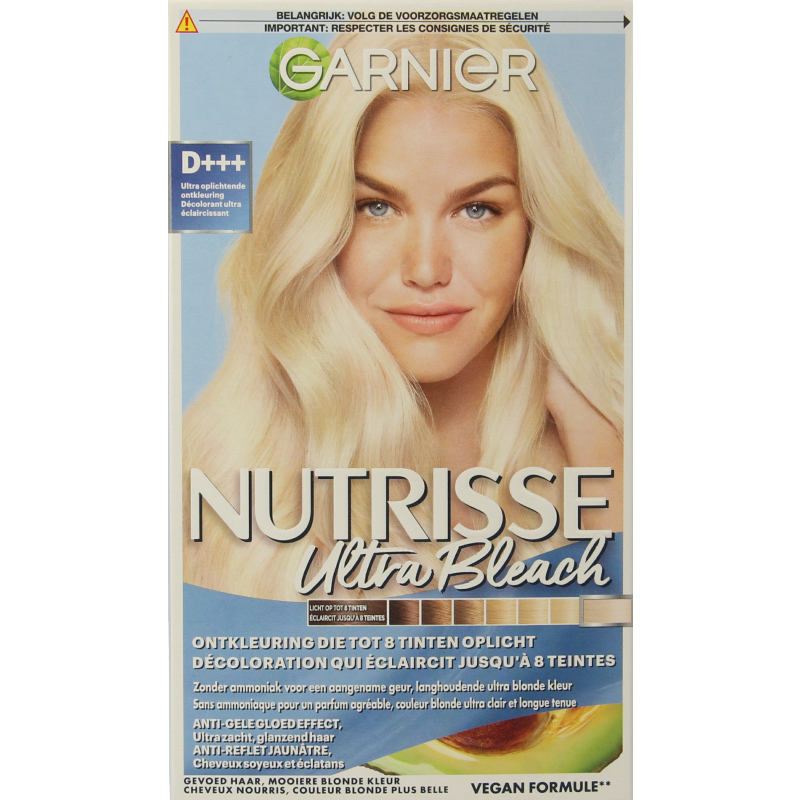 Nutrisse Ultra Bleach D+++ hair coloring kit with applicator and gloves for professional blonde hair lightening.