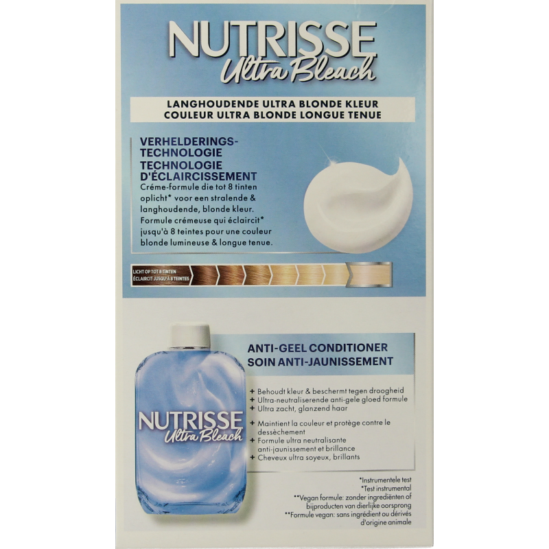 Nutrisse Ultra Bleach D+++ hair coloring kit with gloves and applicator for professional hair lightening, brand Nutrisse.